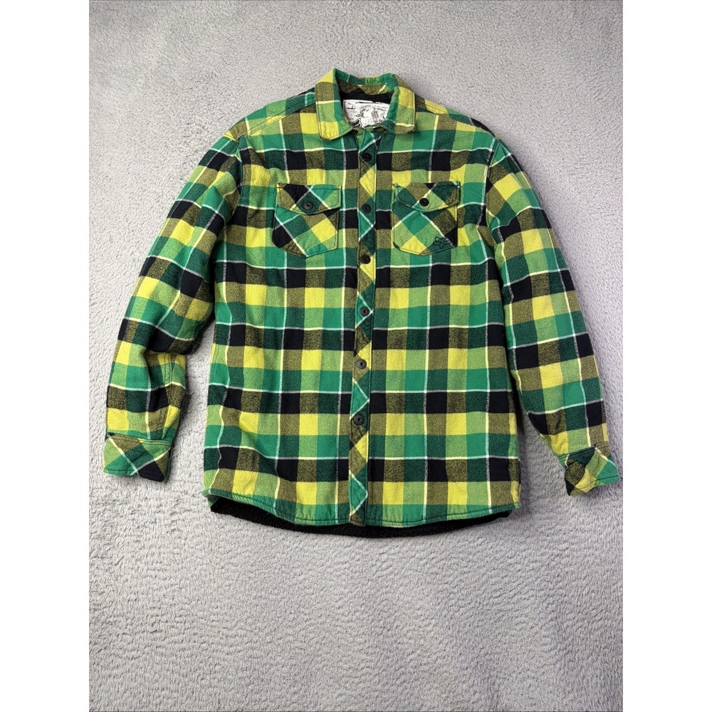Fox Men Button Up Shirt XLYellow Plaid Sherpa Flannel Shirt Grunge Skater Y2K